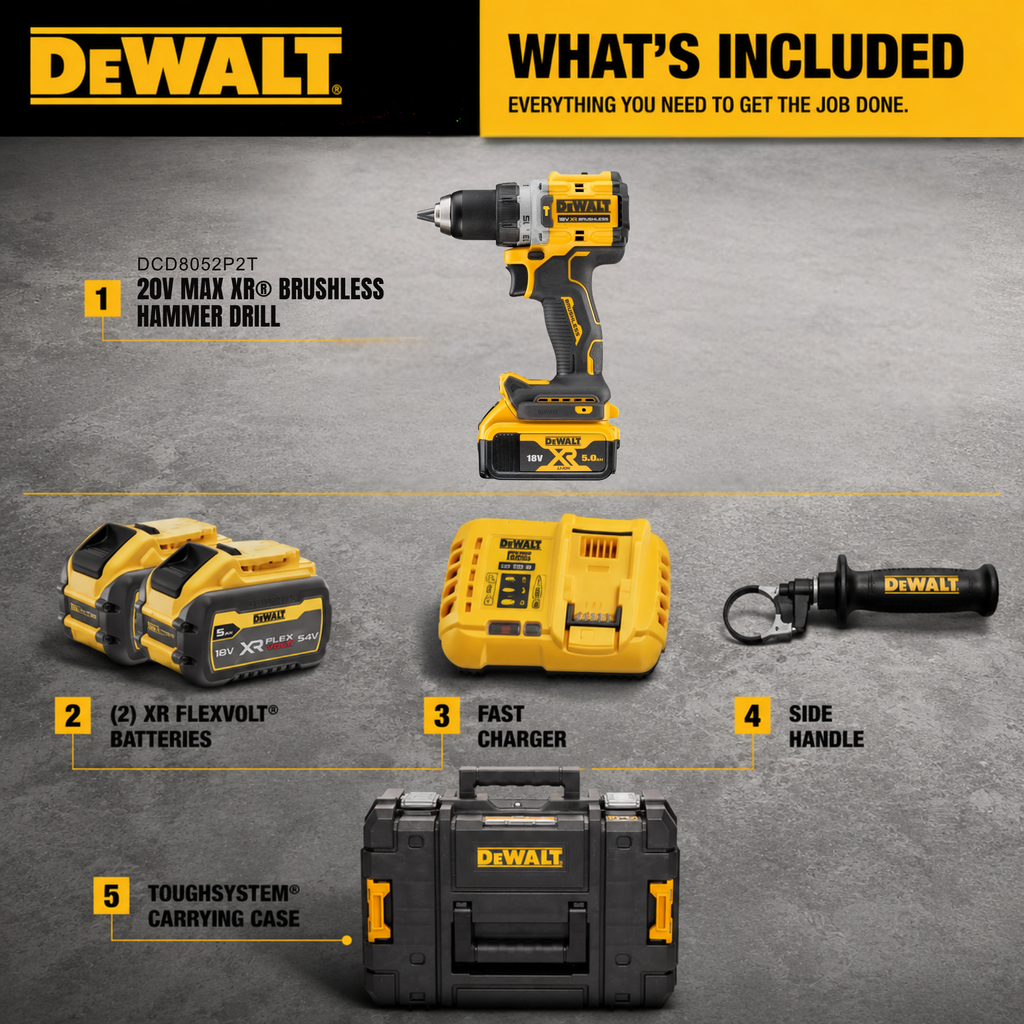 DEWALT DCD805P2T 20V MAX XR Brushless Hammer Drill/Driver Kit – 2 Batteries & Tool Chase