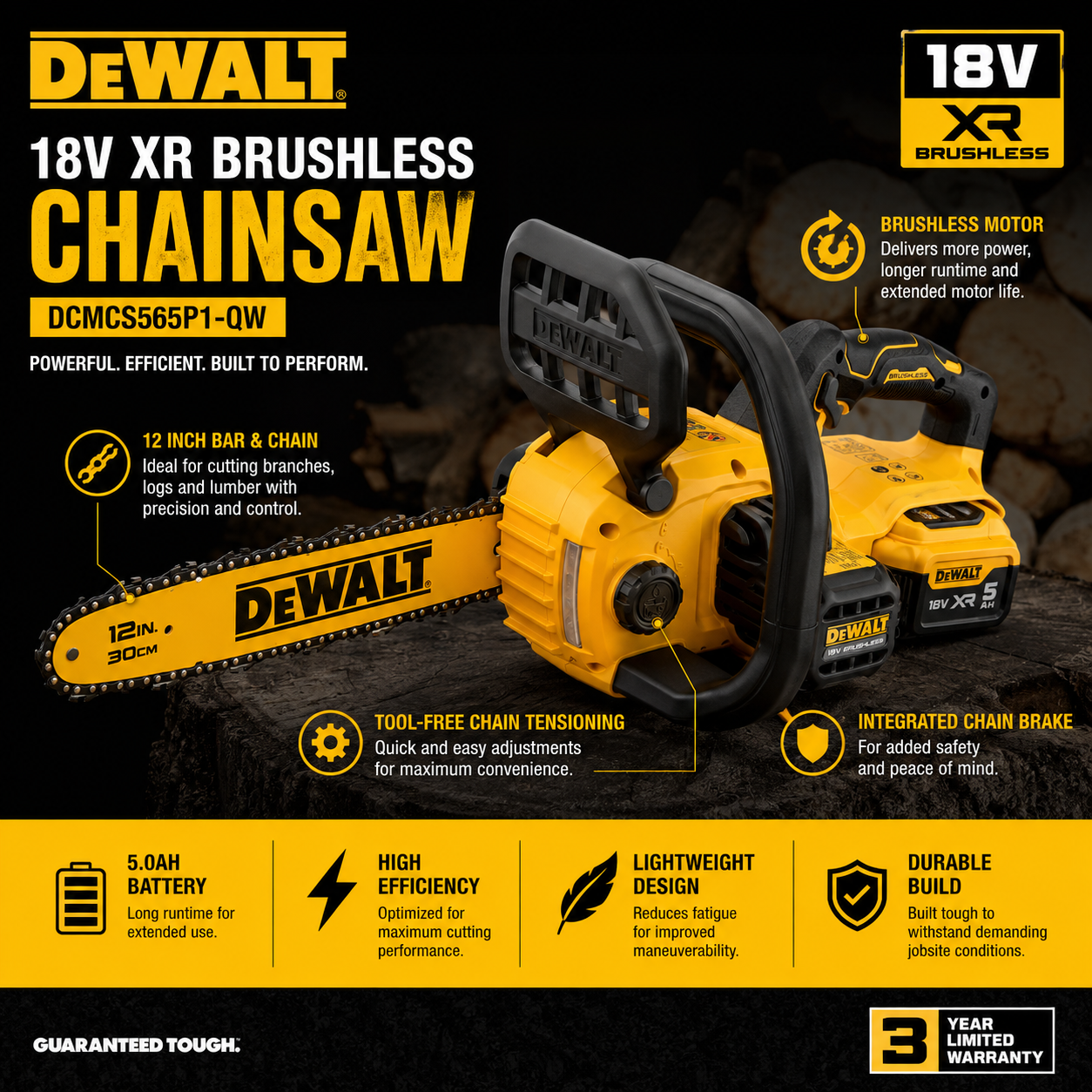 DeWalt Battery Cordless Chainsaw DCMCS565P1-QW | 18V 5Ah – Complete Kit
