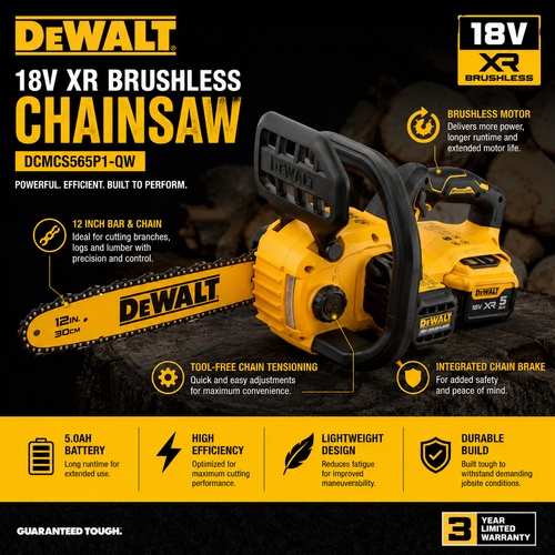 DeWalt Battery Cordless Chainsaw DCMCS565P1-QW | 18V 5Ah – Complete Kit