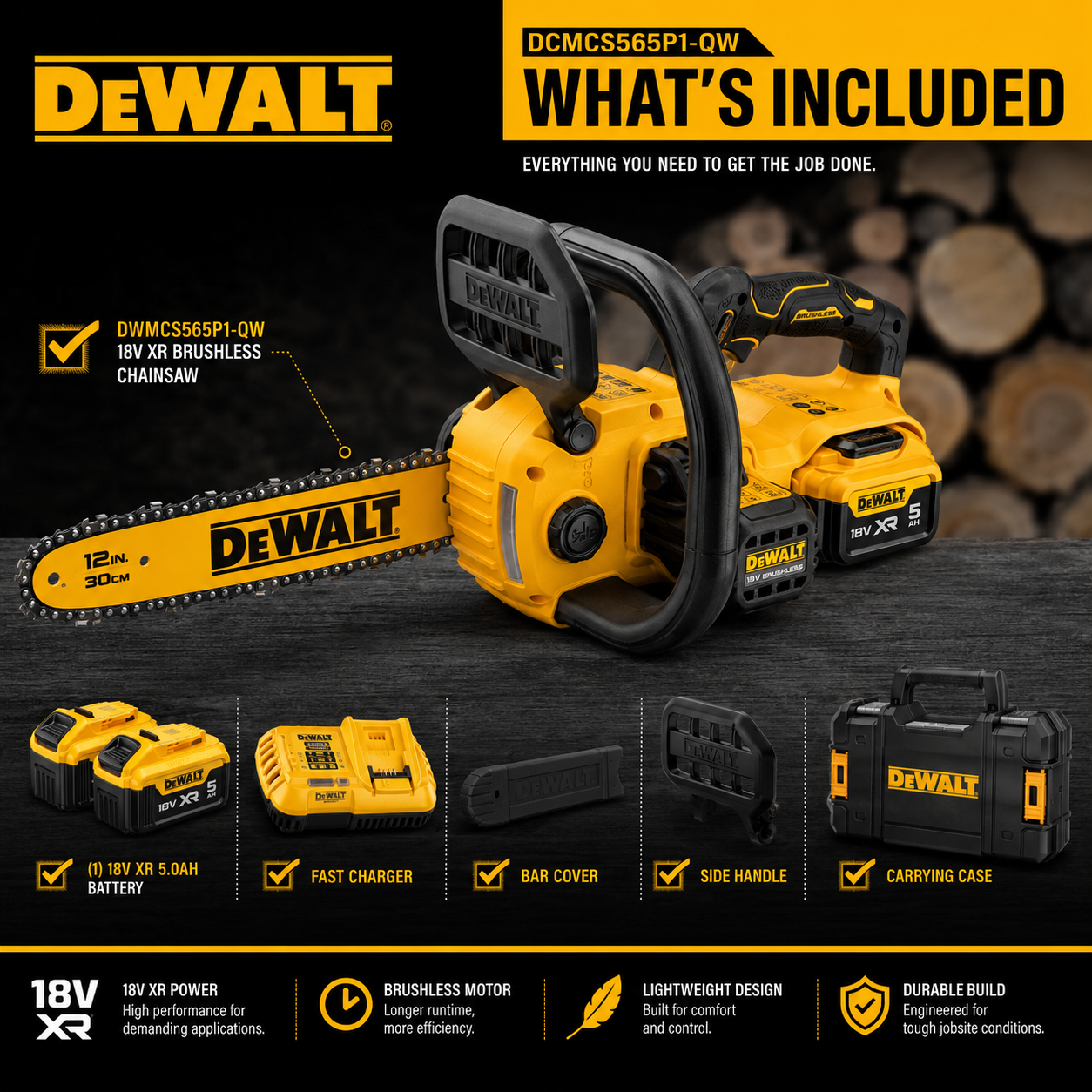 DeWalt Battery Cordless Chainsaw DCMCS565P1-QW | 18V 5Ah – Complete Kit