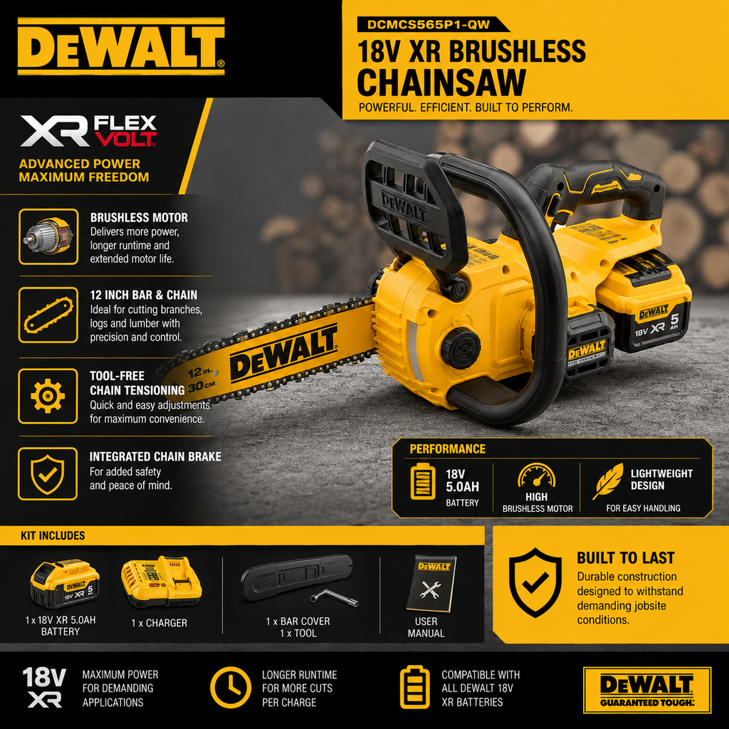 DeWalt Battery Cordless Chainsaw DCMCS565P1-QW | 18V 5Ah – Complete Kit