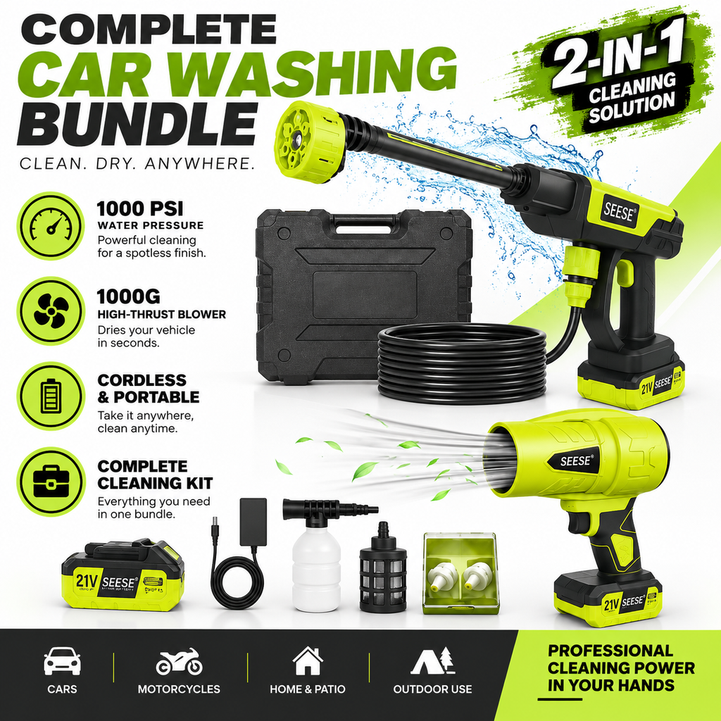 Cordless Car Washing Bundle with 1000 PSI Pressure Washer & 1000G Turbo Leaf Blower Combo Kit for Car Wash + Drying, Patio & Garden Cleaning Tool