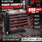 RETTER R12 Tool Trolley – 698-Piece Tool Set, 8 Drawers & Stainless Steel Top