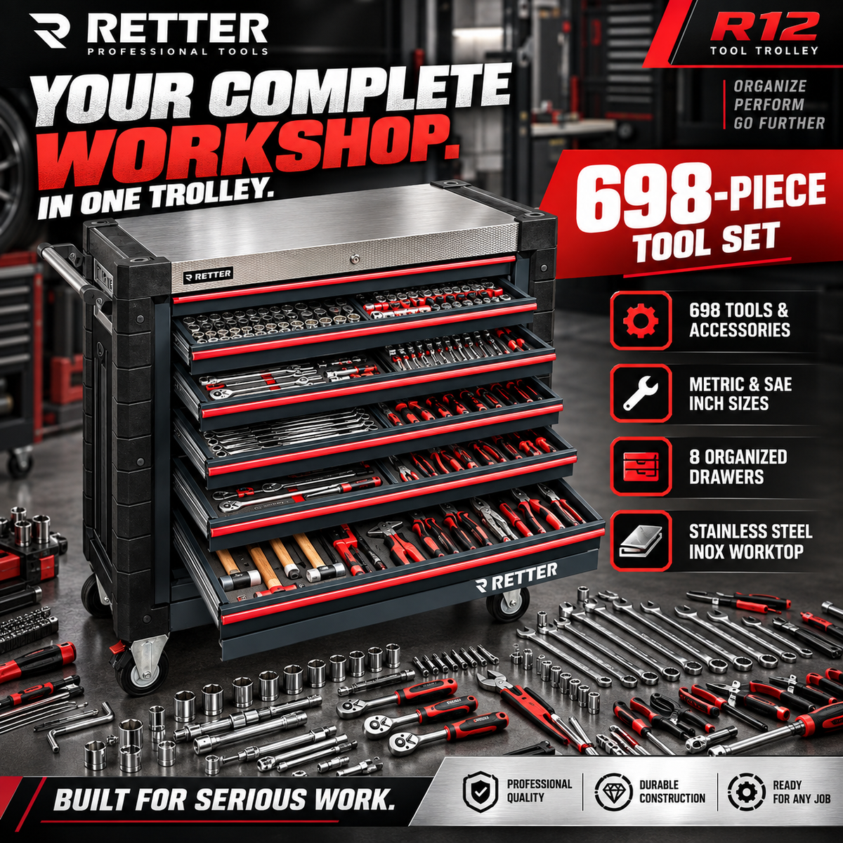 RETTER R12 Tool Trolley – 698-Piece Tool Set, 8 Drawers & Stainless Steel Top