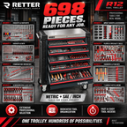 RETTER R12 Tool Trolley – 698-Piece Tool Set, 8 Drawers & Stainless Steel Top