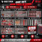 RETTER R12 Tool Trolley – 698-Piece Tool Set, 8 Drawers & Stainless Steel Top
