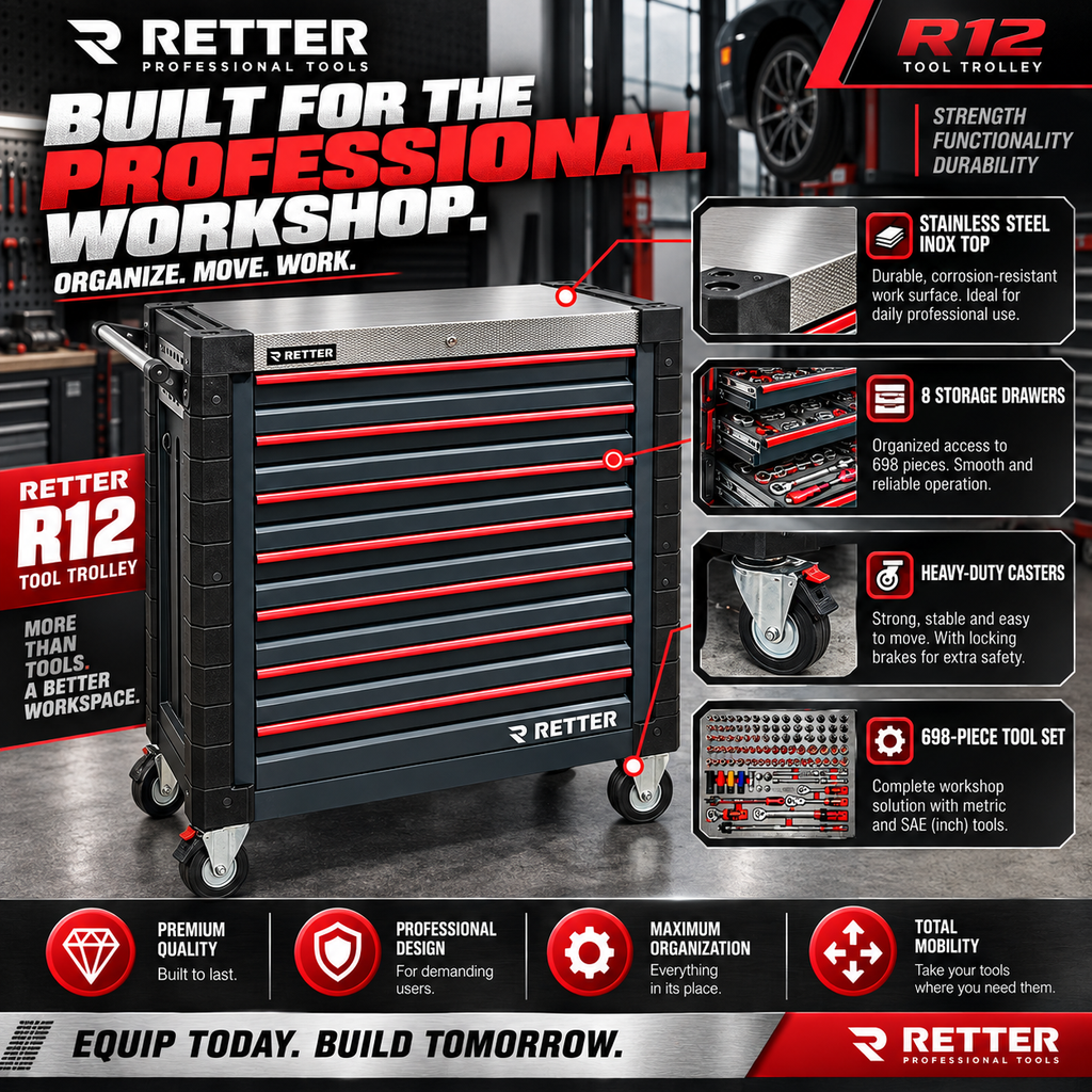 RETTER R12 Tool Trolley – 698-Piece Tool Set, 8 Drawers & Stainless Steel Top