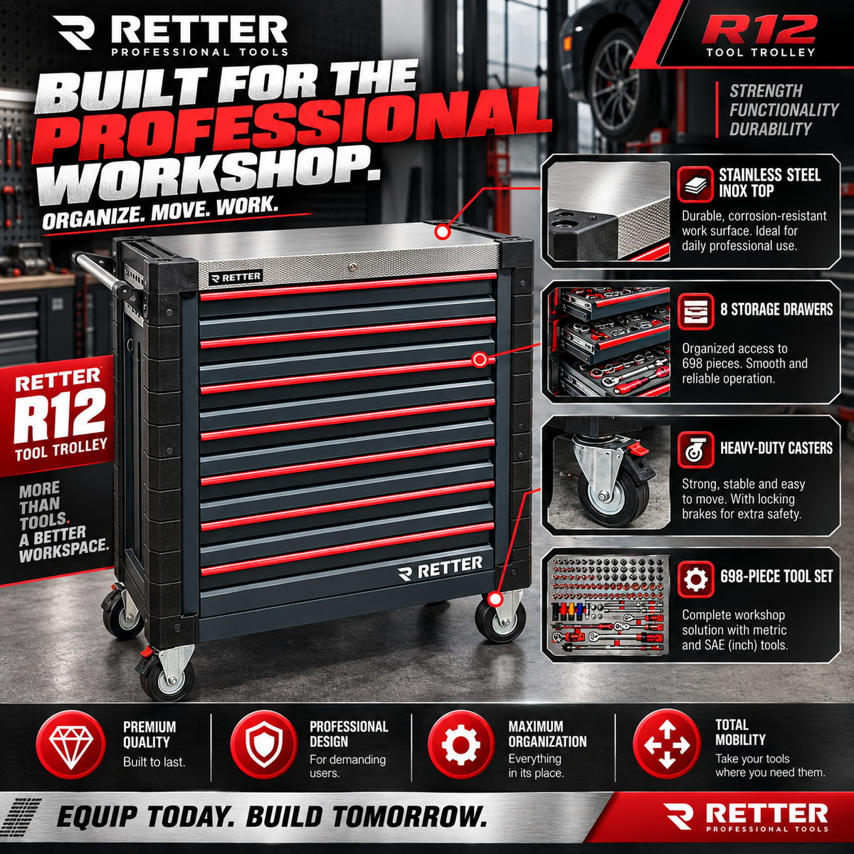 RETTER R12 Tool Trolley – 698-Piece Tool Set, 8 Drawers & Stainless Steel Top