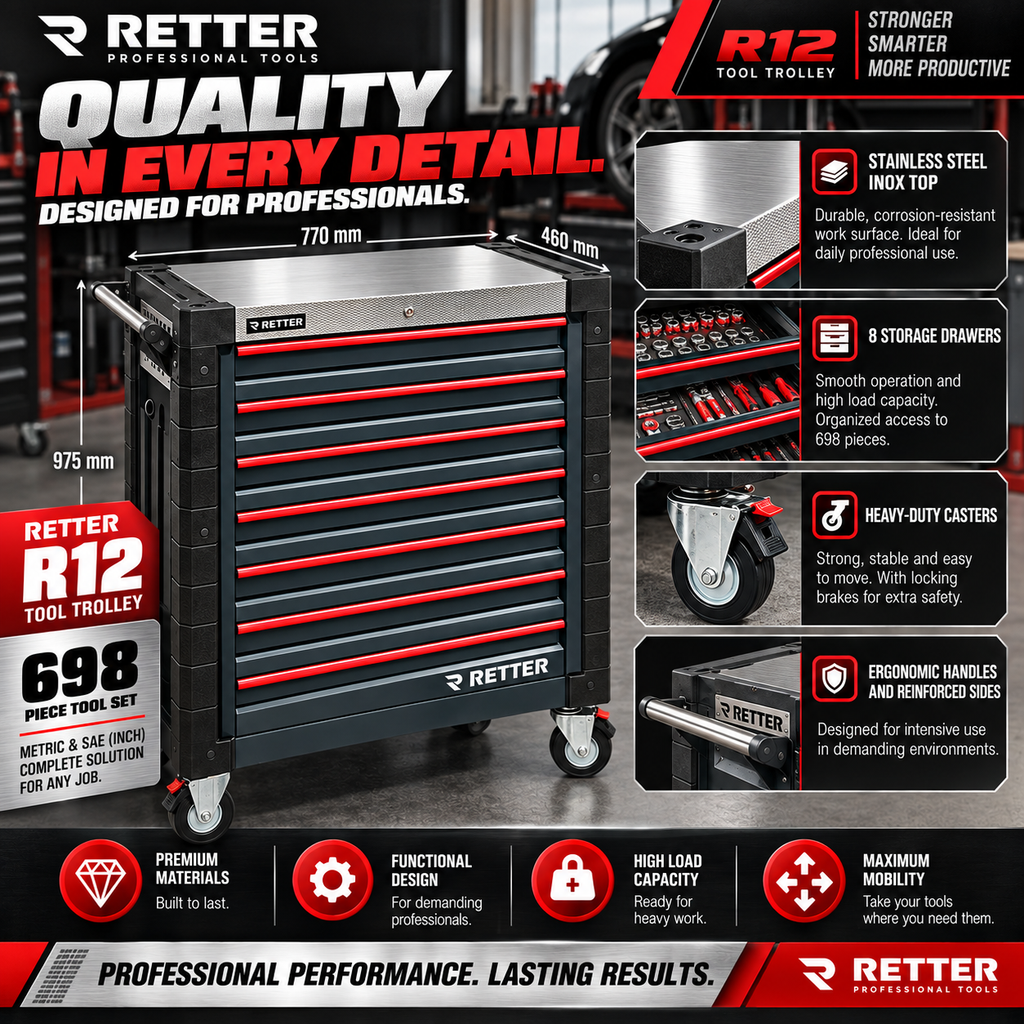 RETTER R12 Tool Trolley – 698-Piece Tool Set, 8 Drawers & Stainless Steel Top
