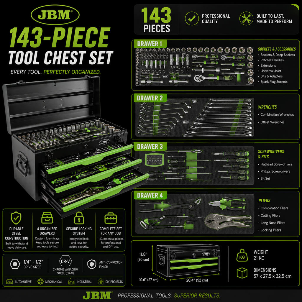Metal TOOLBOX JBM [143 PIECES] Complete Kit