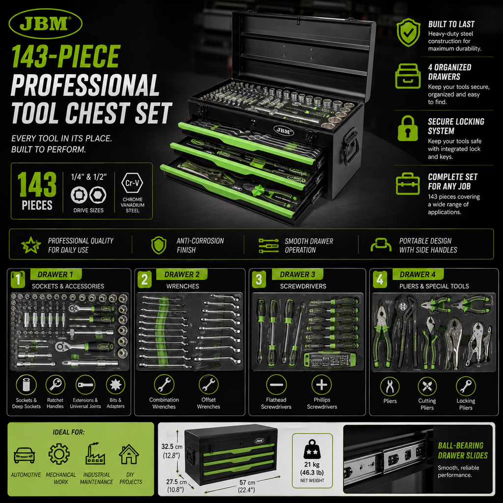 Metal TOOLBOX JBM [143 PIECES] Complete Kit