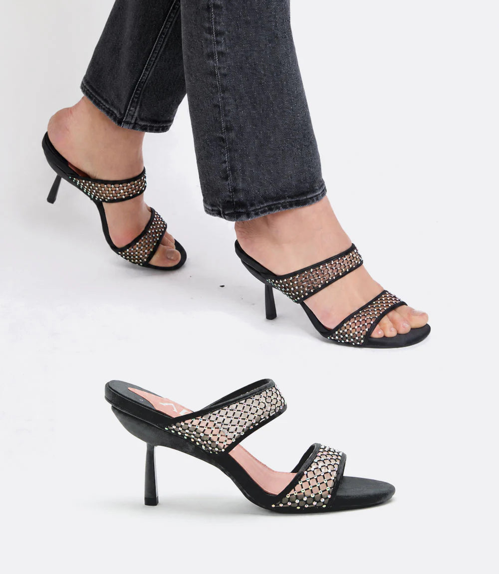 Mia Mules in Black Crystal Mesh