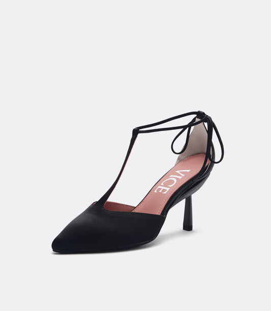 Kaia T-Strap Pump in Black Silk