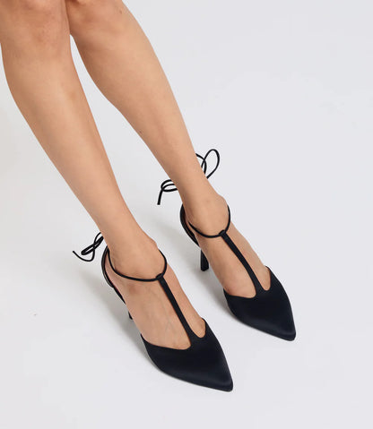 Kaia T-Strap Pump in Black Silk
